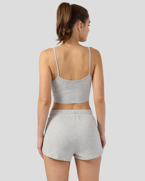 Grey modal cami and shorts sleep set shown from back on model.
