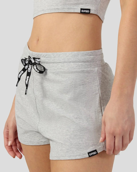 Grey modal cami top and shorts set with drawstring waist and brand labels.