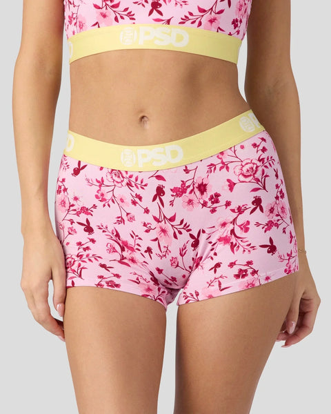 Pink floral print bra and boyshort set with yellow branded waistbands.