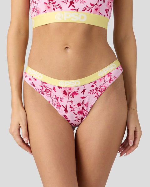 Pink floral bikini bottom with yellow waistband and Playboy branding.