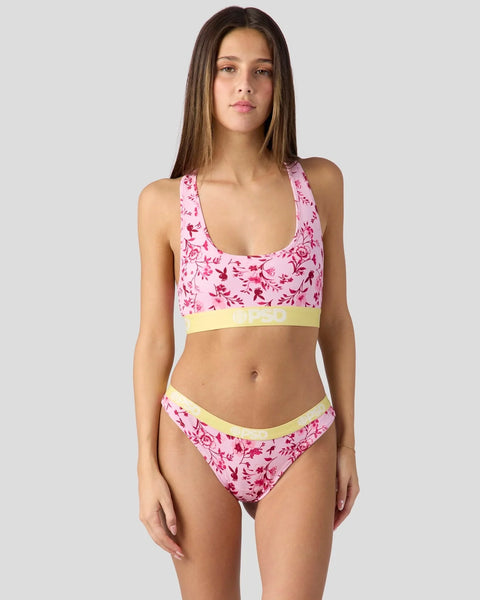 Pink floral bikini set with yellow trim and coordinating racerback top and brief bottoms.