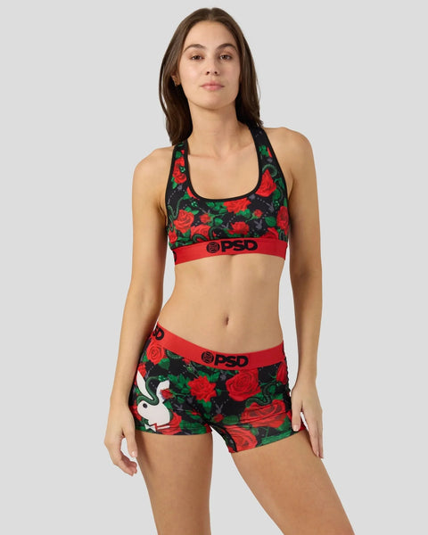 Red rose and black floral sports bra and shorts set with PSD branding and red elastic waistbands.