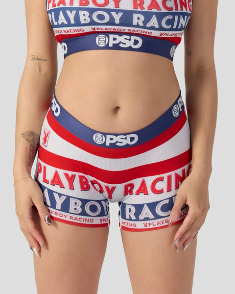 Playboy Racing two-piece set with red, white, and navy horizontal stripes and PSD branding.