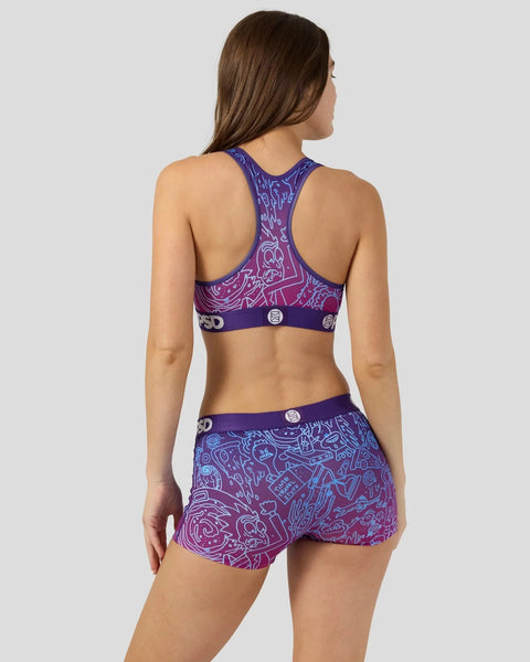 Purple sports bra and shorts set with Rick and Morty character print design and elastic waistband.