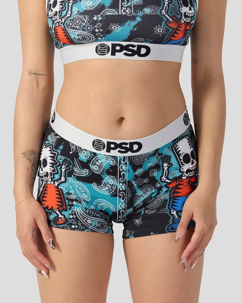 PSD bra and boxer briefs set with skull and skeleton print in turquoise, black, and red.