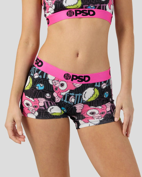 Women's PSD boyshort underwear with Gizmo characters in pink, black, and neon colors.