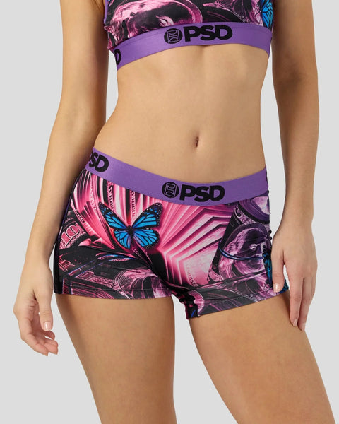 Purple PSD sports bra and matching shorts with pink and blue butterfly graphic print.