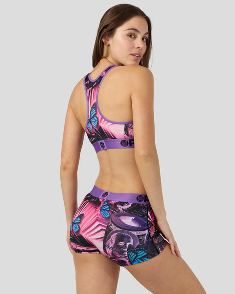 Womens's sports bra and shorts set with pink, purple, and black butterfly and geometric print design.