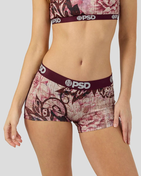 Burgundy and pink jacquard floral patterned boy shorts with PSD waistband.