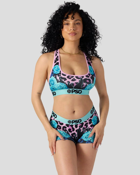 Racerback sports bra and shorts set with blue floral and purple leopard print pattern, turquoise elastic bands.