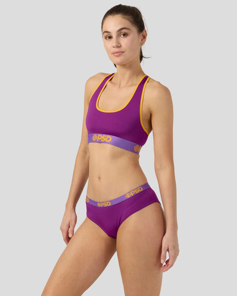 Purple sports bra and briefs set with yellow trim and branded waistband details.