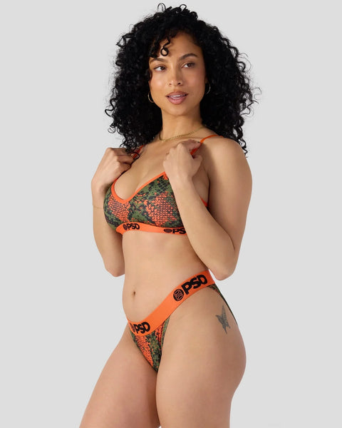 Women's two-piece swimsuit with green and orange snake-scale pattern and orange trim with brand branding.