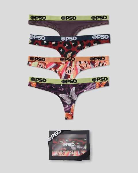 Four PSD thong underwear with lime green, navy leopard, coral abstract, and purple butterfly prints with branded waistbands.