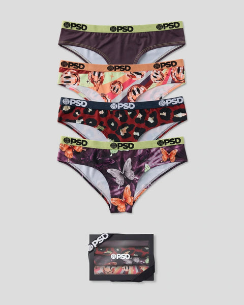Four PSD briefs with solid dark purple, patterned orange, red leopard, and purple butterfly designs, each with branded waistb