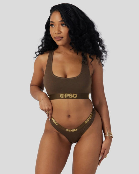 Cocoa brown sports bra and briefs set with gold PSD branding on elastic bands.