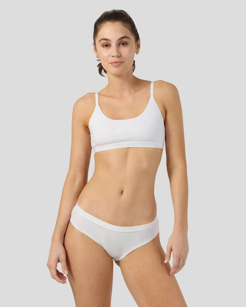 Woman wearing white modal bra and bikini briefs set against neutral background.