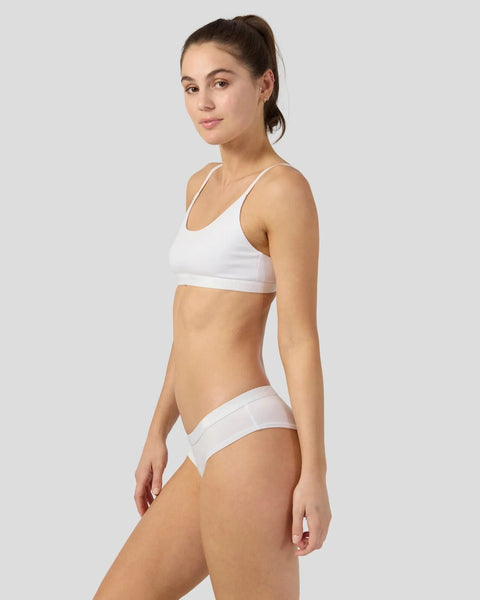 Woman wearing white modal sports bra and matching bikini briefs against neutral background.