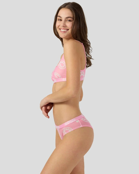 Pink mesh bandana-print bikini top and bottom with white paisley pattern details.