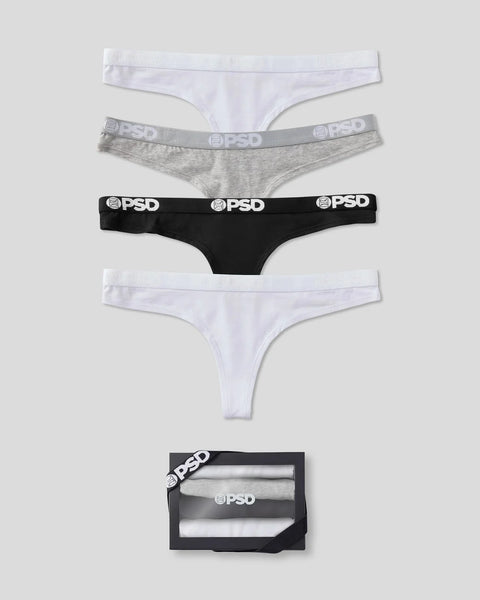 Four modal briefs in white, gray, and black with branded waistbands, displayed individually and in packaging.