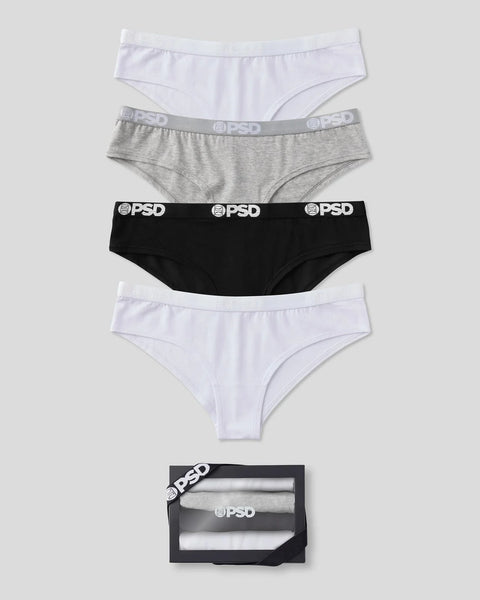 Four modal briefs in white, gray, and black with branded waistbands, displayed individually and packaged in a box.