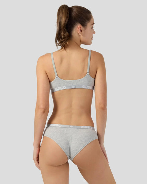 Woman wearing gray modal bra and brief set with branded waistband, shown from back view.