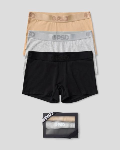 Three modal boxer briefs in tan, gray, and black with branded waistbands, shown stacked and in packaging.