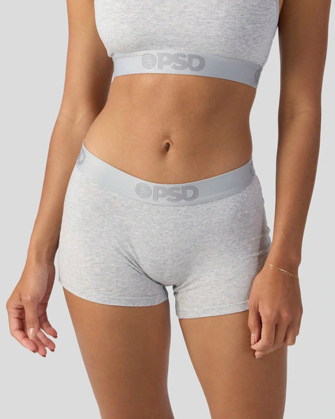Light gray modal sports bra and boy shorts with branded elastic waistbands.