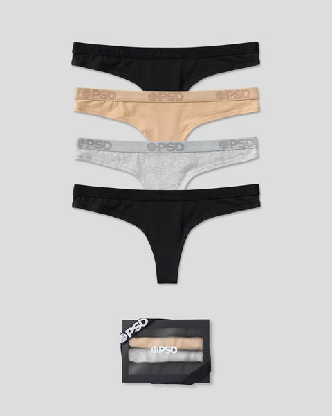 Four modal briefs in black, beige, and gray with branded waistbands, displayed individually and packaged in a black box.