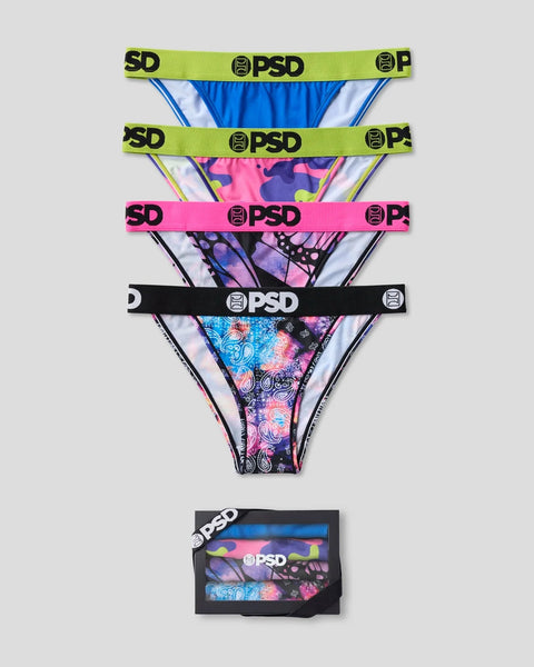 Four PSD briefs with neon waistbands in blue, purple camo, pink, and colorful paisley patterns with matching retail box.