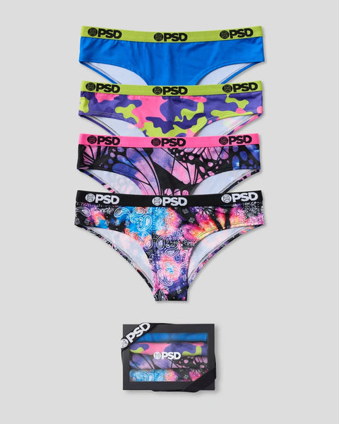 Four PSD brand underwear briefs in blue solid, neon camo, geometric black and pink, and colorful paisley patterns with lime w