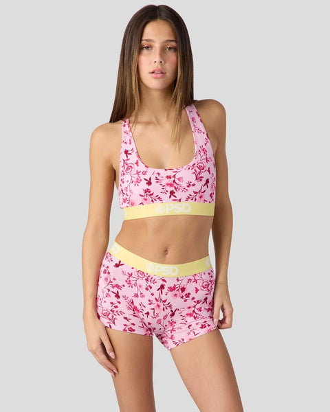 Pink floral racerback bra top and matching shorts set with yellow elastic bands.