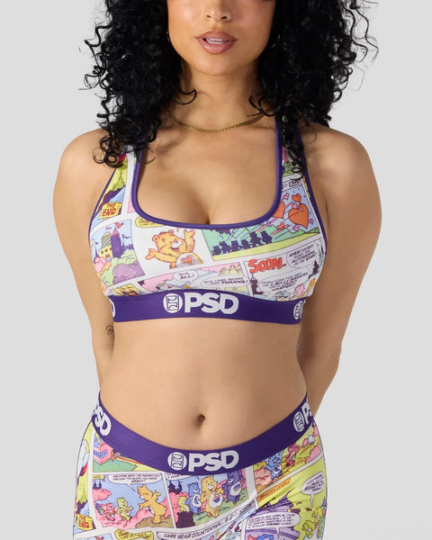 Care Bears comic print sports bra with purple trim and PSD waistband.