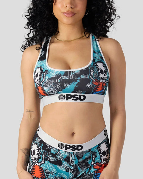 PSD sports bra with Simpsons skull and skeleton print in turquoise, black, and white with branded waistband.