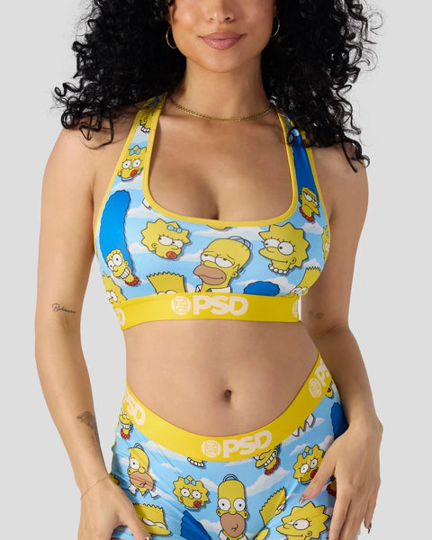 Yellow and blue Simpsons character print halter bikini top with matching waistband and yellow trim.