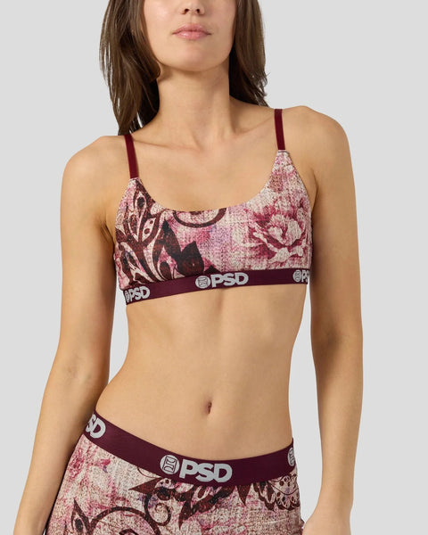 Two-piece bra and panty set with burgundy floral jacquard pattern and matching maroon trim bands.
