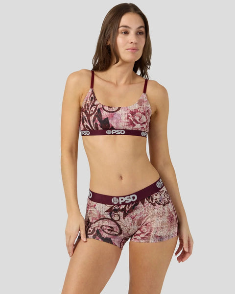 Burgundy and pink jacquard floral bra and boyshort set with PSD branded elastic waistband.