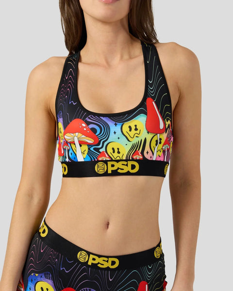 Black sports bra with colorful mushroom and smiley face print, PSD waistband, halter straps.