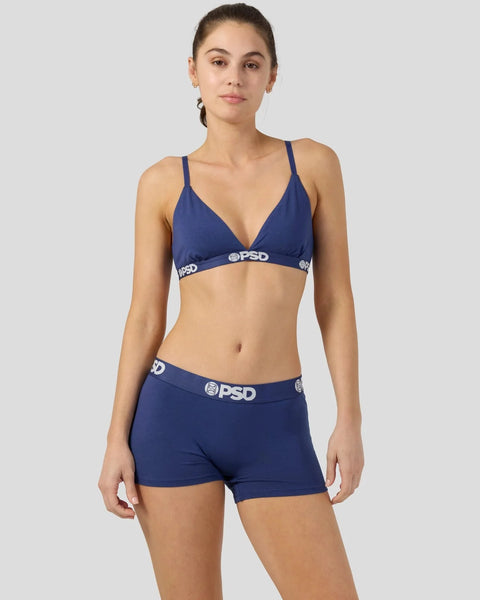 Navy bralette and shorts set with PSD branding on elastic waistbands.