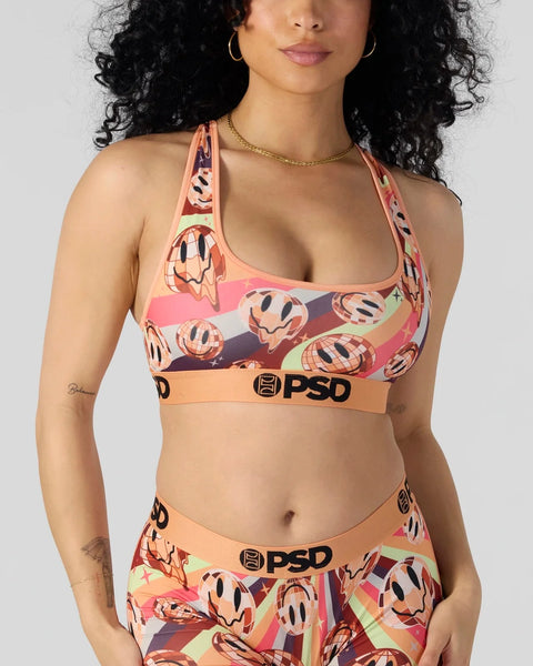 Two-piece bikini set with multicolored abstract pattern, PSD brand waistband, and coordinating halter top and bottoms.