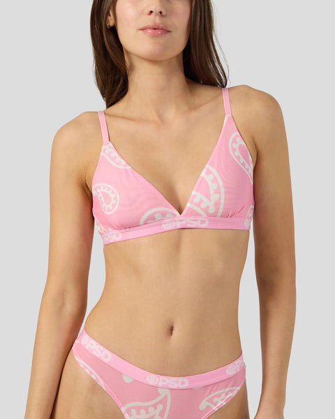 Pink mesh bandana bikini set with white circular logo pattern on top and bottom.