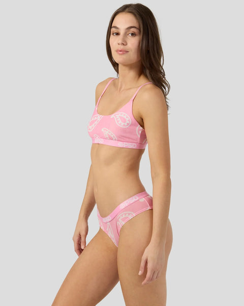 Pink mesh bandana print bikini top and bottom with white paisley pattern.