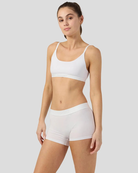 White modal sports bra and matching shorts set with scoop neckline and elastic waistband.
