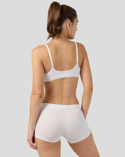 White bralette with thin straps and matching white shorts shown on model from back view.