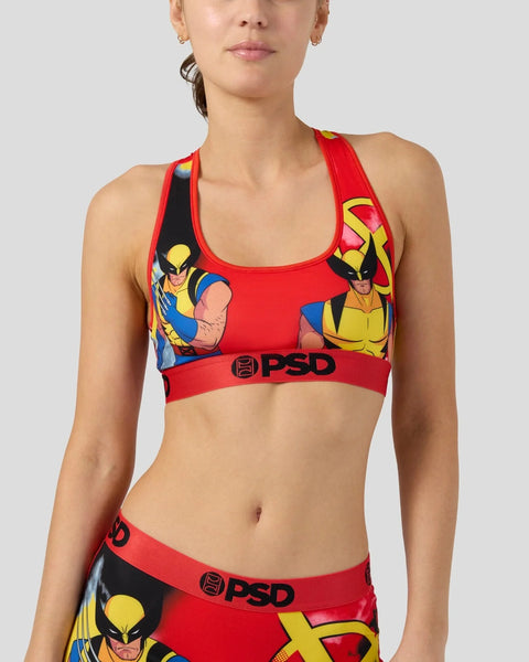 Red sports bra with Wolverine character graphics and PSD waistband.