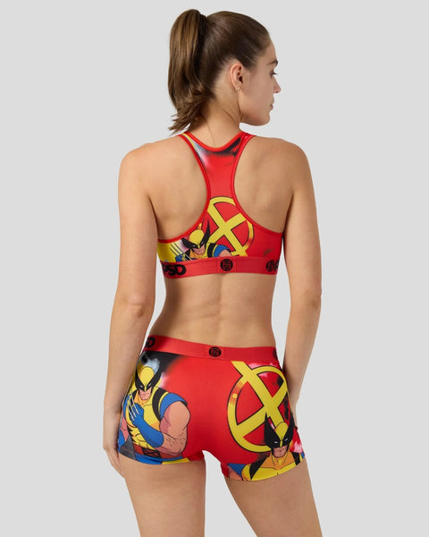 Red sports bra and shorts set featuring Wolverine character graphics and yellow X logo on front and back.