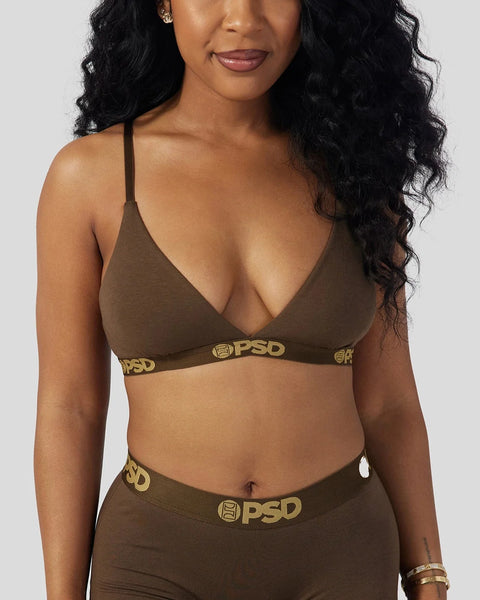 Cocoa-colored bra and underwear set with thin straps and gold-tone PSD branding on waistband.