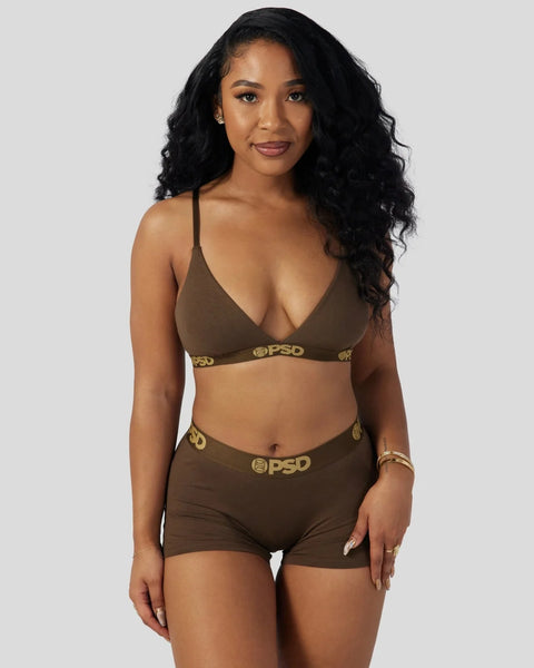 Brown modal bralette and shorts set with gold-toned elastic waistband branding.