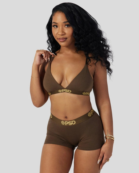 Cocoa-colored modal bra and shorts set with gold PSD branding on elastic waistband.