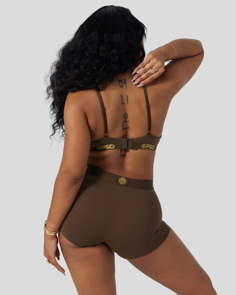 Cocoa brown bra and shorts set with adjustable straps and branded waistband on model shown from back.