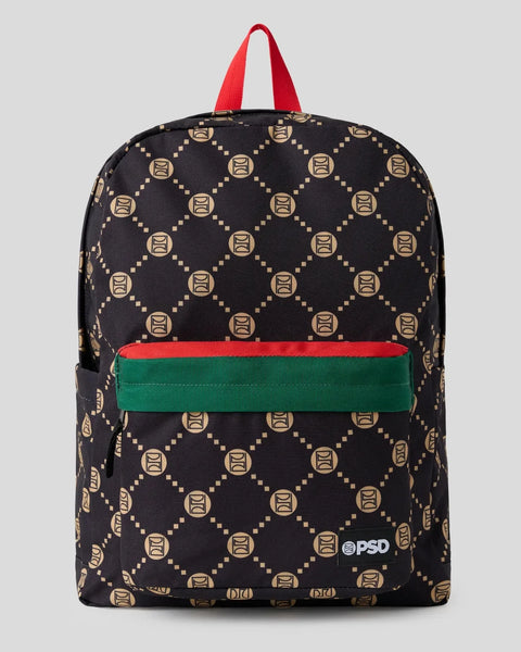 Black backpack with gold monogram pattern, red handles, and red and green horizontal stripe pocket.